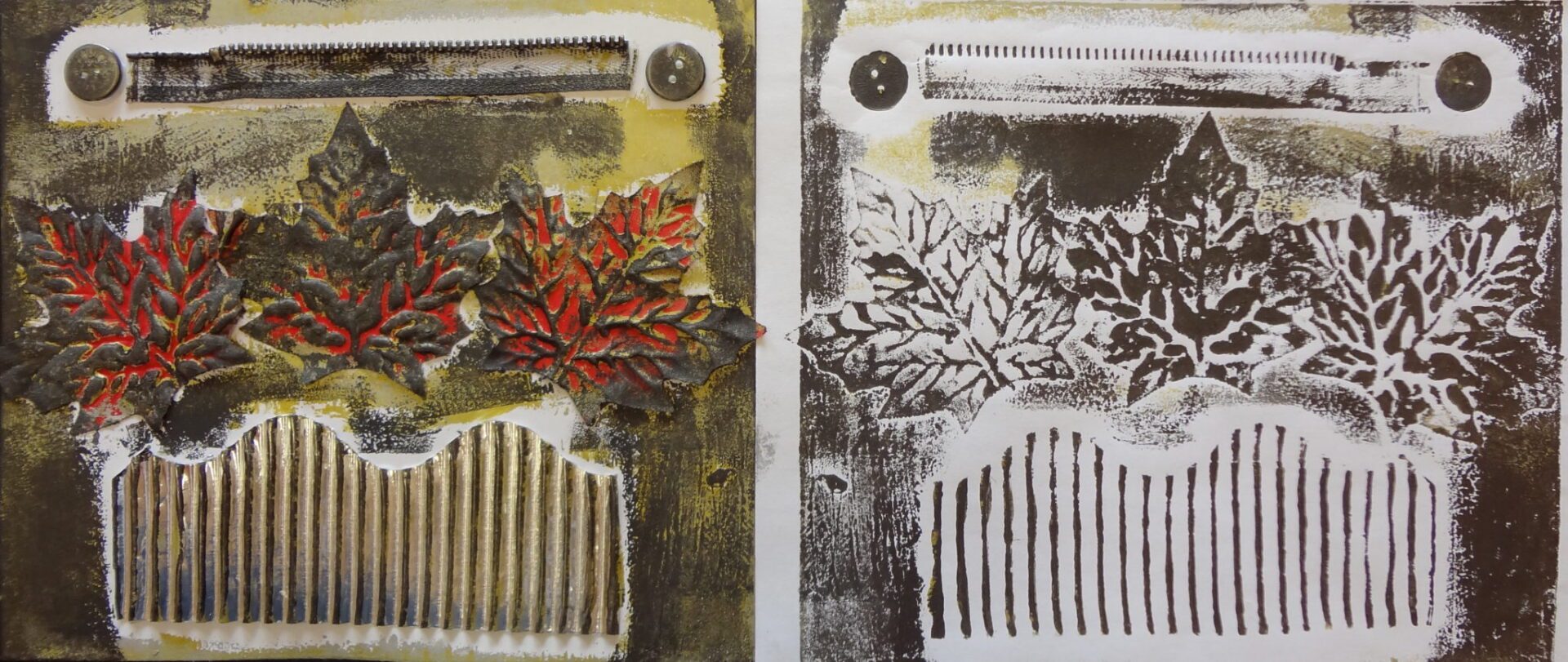A pair of etchings with leaves on them.