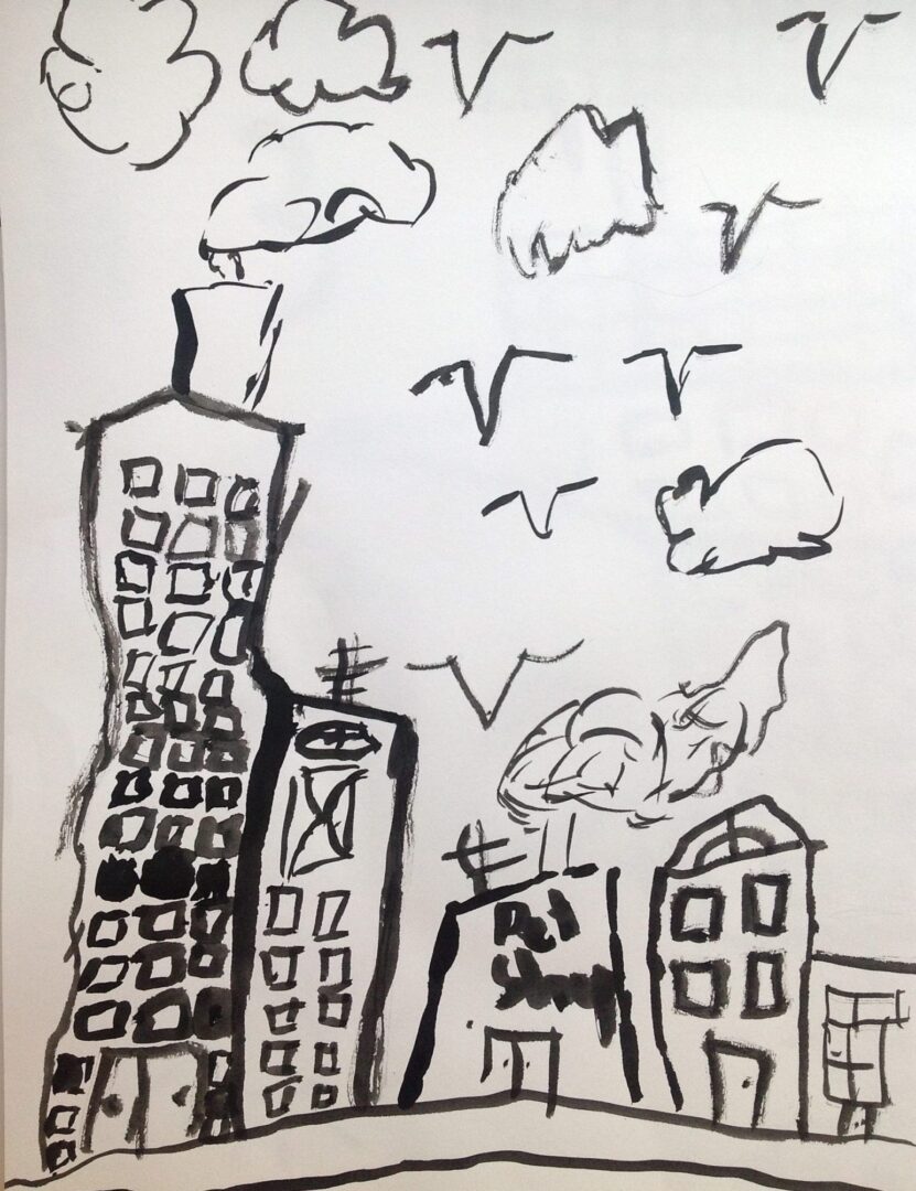 A black and white drawing of a city with buildings and birds.