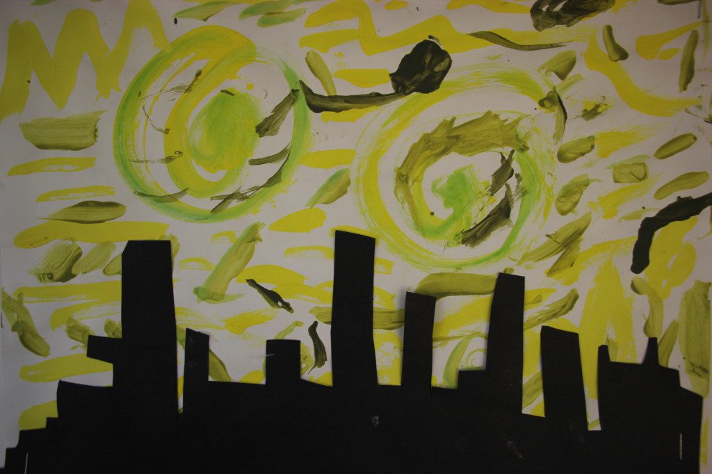 A black and yellow painting of a cityscape.