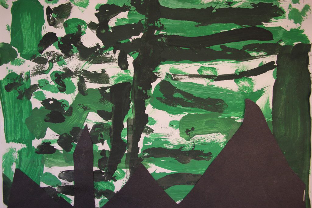 A black and green painting with a tree in the middle.