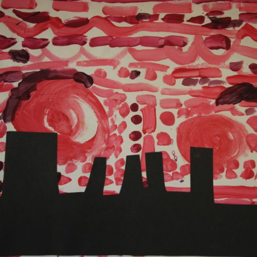 A black and red painting of a city skyline.