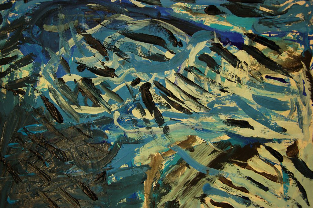 An abstract painting with blue and brown colors.