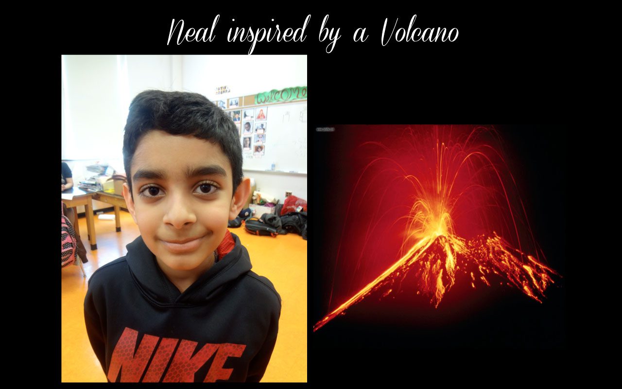 A boy is standing in front of an image of a volcano.