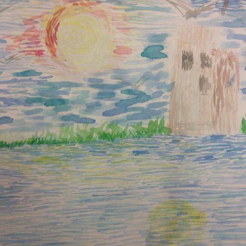 A child's drawing of a castle in the water.