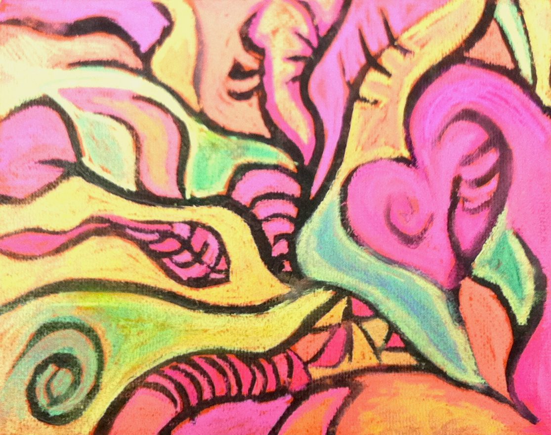 A drawing of a pink, green, and yellow painting.