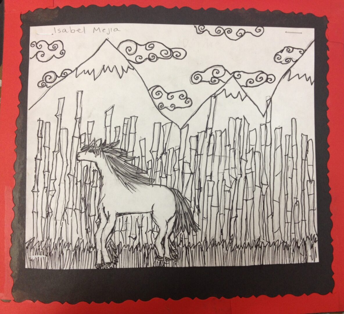 A drawing of a horse with mountains in the background.