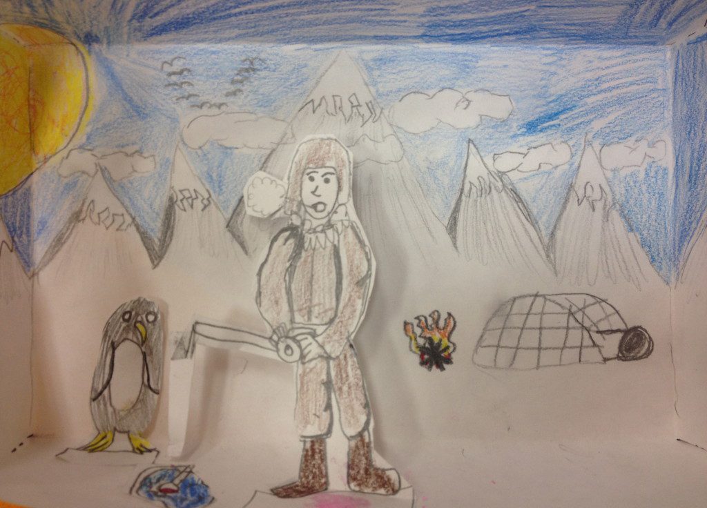A child's drawing of a penguin and penguins.