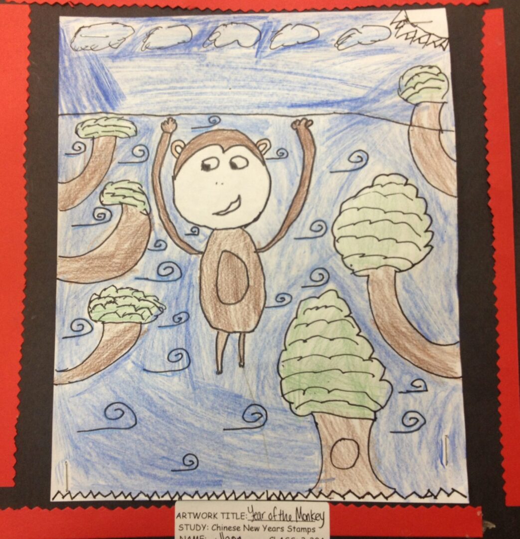 A drawing of a monkey in the water.