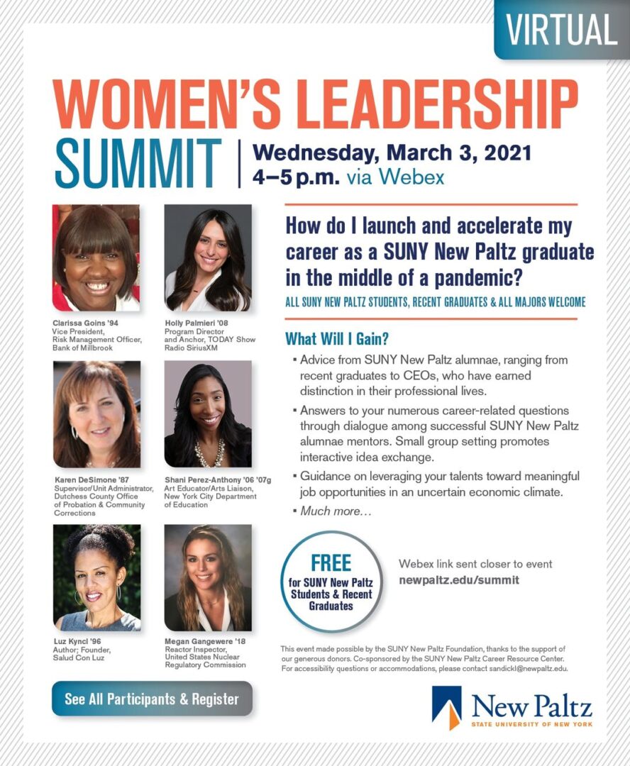 Promotional poster for a virtual women's leadership summit on march 3, 2021, featuring portraits of key speakers and details of the event.